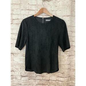 209 WST 38 Shirt Womens Small Black Microsuede‎ Short Sleeve Zip Back Scoop Neck